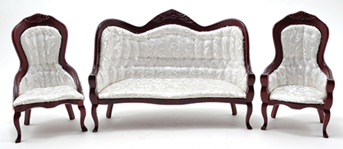 Victorian Sofa and Chair Set, 3Pc, Mahogany, White Brocade Fabric